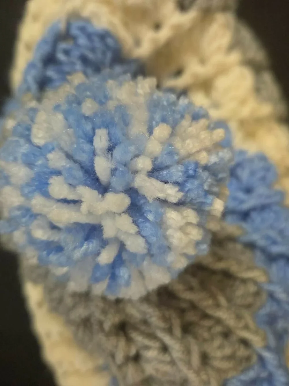 Handmade Crochet Pom Pom Beanie Hat Blue Grey Cream Stripe Winter Cap Cozy L